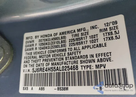 2010 Honda Cr-V Ex z USA, uszkodzony, nr VIN 5J6RE4H55AL025468